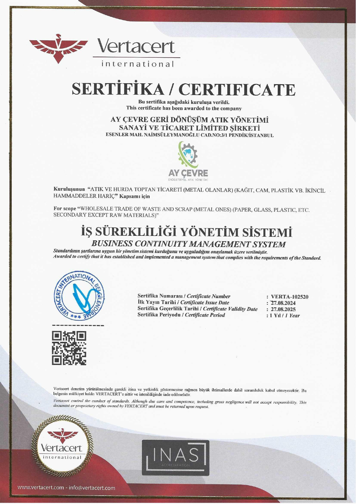 Ay Çevre İş Sürekliliği Sertifikası
