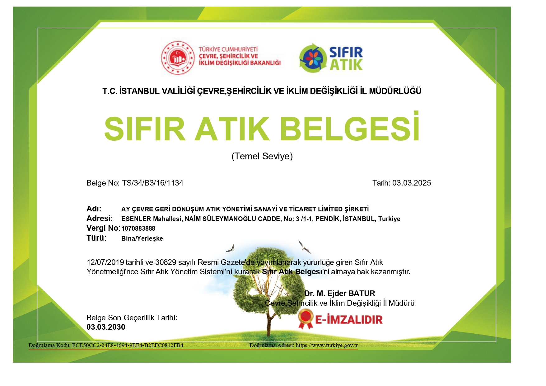 Ay Çevre Sıfır Atık Belgesi